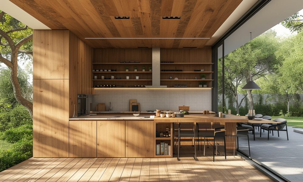Outdoor kitchen area with wood cladding